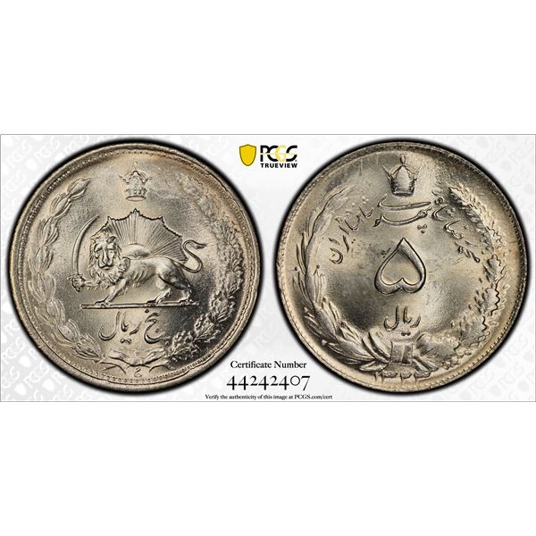 IRAN: Mohammad Reza Shah, 1941-1979, AR 5 rials, SH1323, PCGS MS65