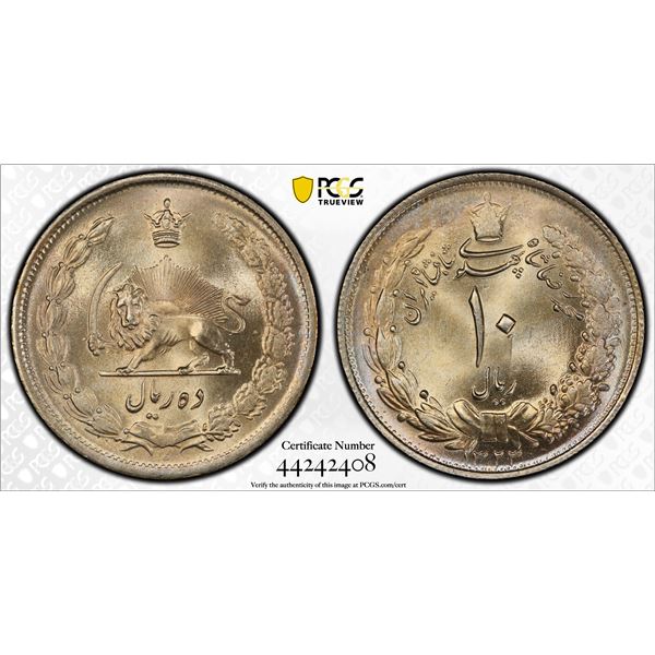 IRAN: Mohammad Reza Shah, 1941-1979, AR 10 rials, SH1323/2, PCGS MS66