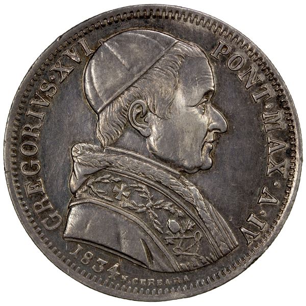 PAPAL STATES: Gregory XVI, 1831-1846, AR 50 baiocchi, 1834 year IV, EF
