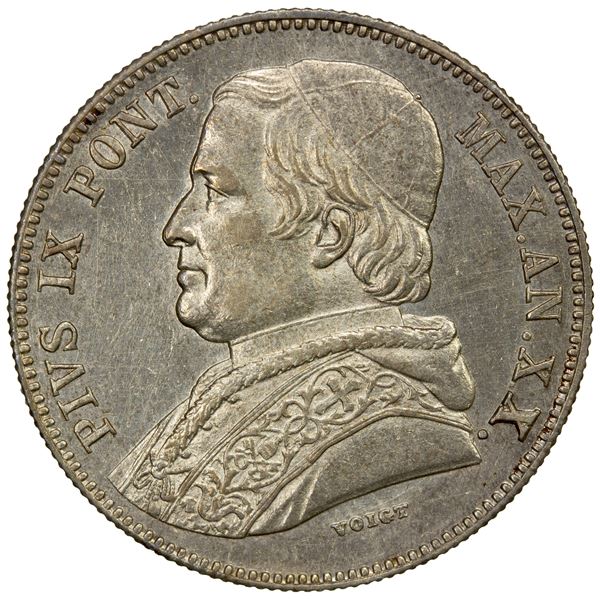 PAPAL STATES: Pius IX, 1846-1878, AR 20 baiocchi, 1865-R year XX, EF