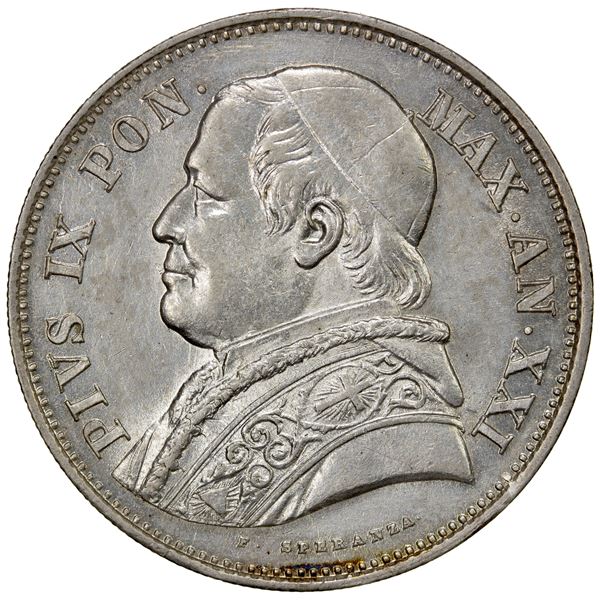 PAPAL STATES: Pius IX, 1846-1878, AR 2½ lire, 1867-R year XXI, AU