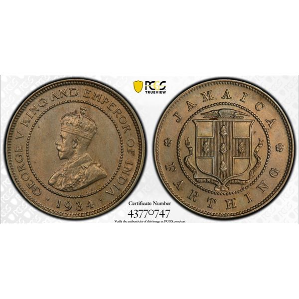 JAMAICA: George V, 1910-1936, 1 farthing, 1934, PCGS UNC details