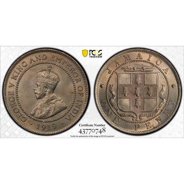 JAMAICA: George V, 1910-1936, 1 penny, 1919-C, PCGS MS65 +