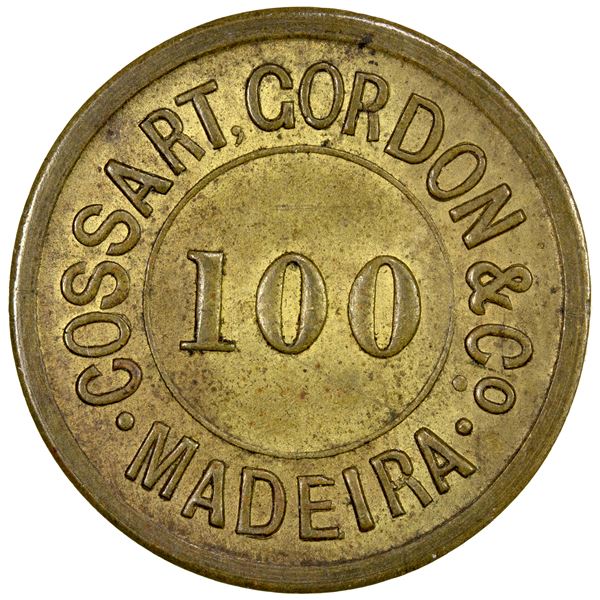 MADEIRA: Carlos I, 1889-1908, brass 100 reis token, AU