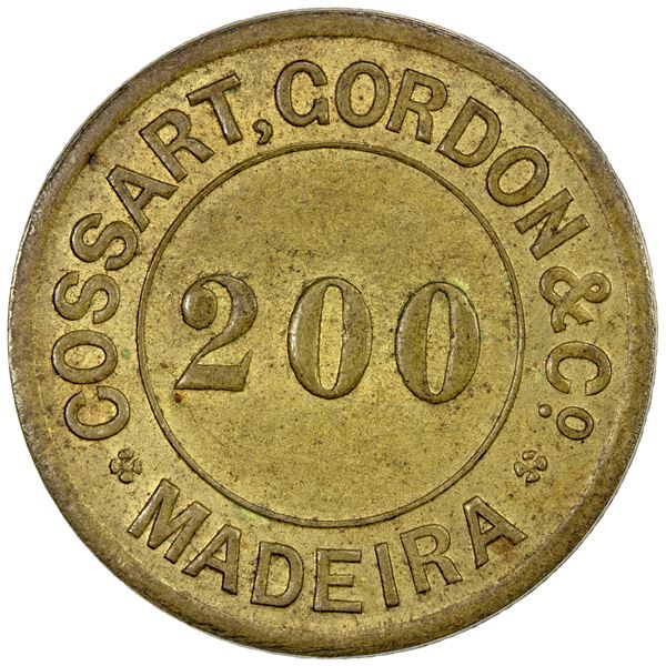 MADEIRA: Carlos I, 1889-1908, brass 200 reis token, AU