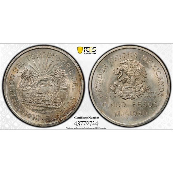 MEXICO: Estados Unidos, AR 5 pesos, 1950-Mo, PCGS Unc