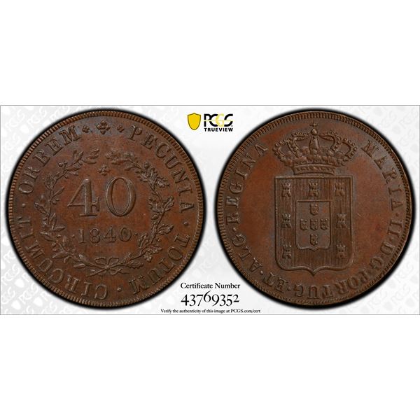 MOZAMBIQUE: Maria II, 1834-1853, AE 40 reis, 1840, PCGS MS64 BN