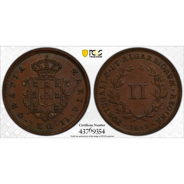 MOZAMBIQUE: Maria II, 1834-1853, AE 2 reis, 1853, PCGS MS63 BN