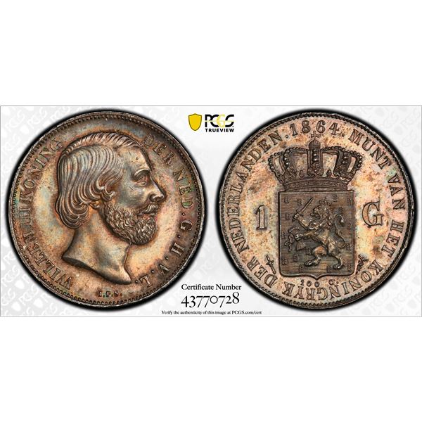 NETHERLANDS: Willem III, 1849-1890, AR gulden, 1864, PCGS UNC details