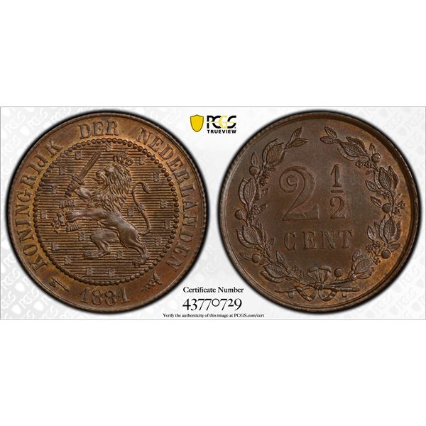NETHERLANDS: Willem III, 1849-1890, AE 2½ cents, 1881, PCGS MS64 BN