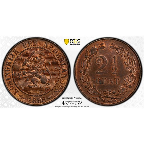 NETHERLANDS: Willem III, 1849-1890, AE 2½ cents, 1898, PCGS MS64 RB