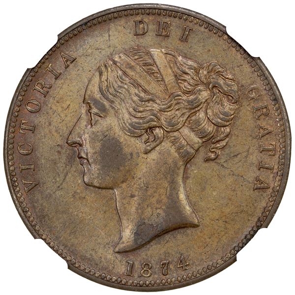 NEW ZEALAND: Victoria, 1837-1901, AE penny token, 1874, NGC MS61 BN