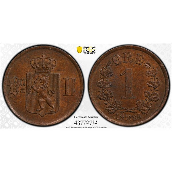 NORWAY: Oscar II, 1872-1905, AE ore, 1884, PCGS MS64 BN