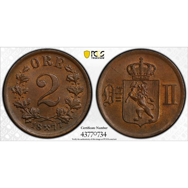 NORWAY: Oscar II, 1872-1905, AE 2 ore, 1877, PCGS MS64 BN