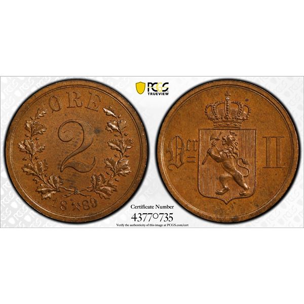 NORWAY: Oscar II, 1872-1905, AE 2 ore, 1889, PCGS MS64 BN
