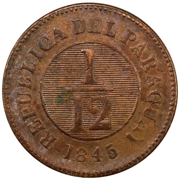 PARAGUAY: Republic, AE 1/12 real, 1845, AU
