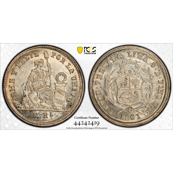 PERU: Republic, AR ½ real, Lima, 1861, PCGS MS63