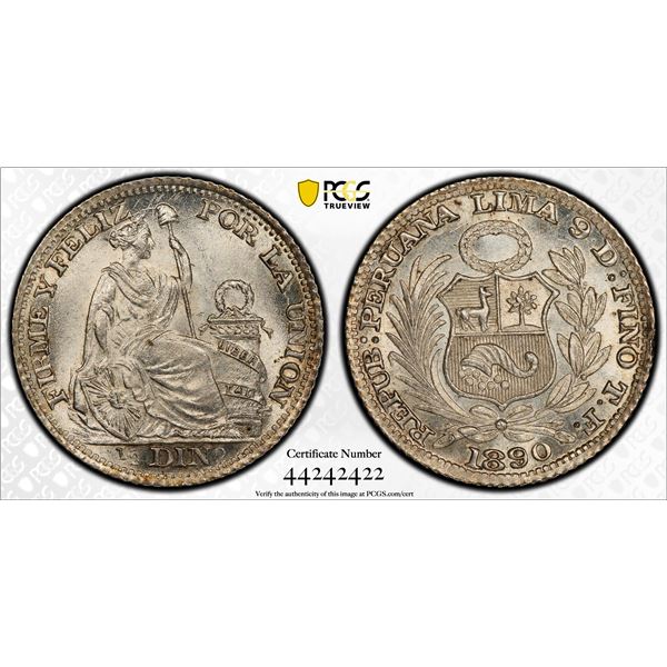 PERU: Republic, AR ½ dinero, Lima, 1890, PCGS MS65
