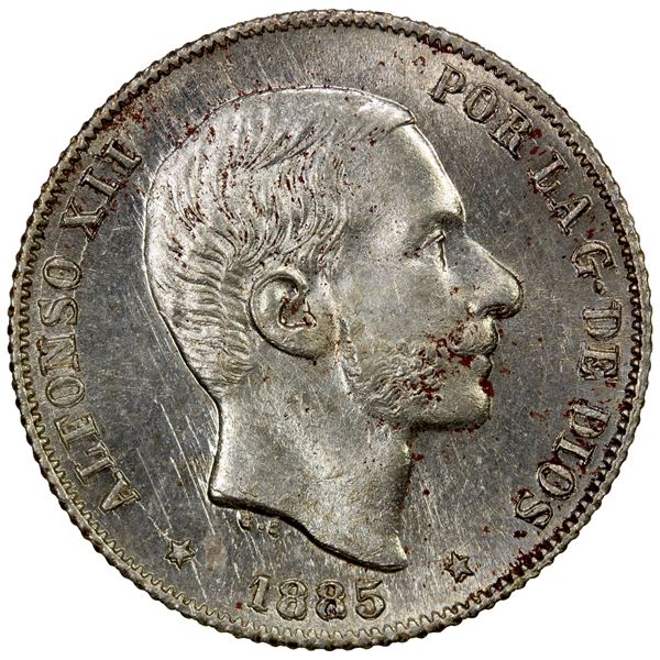 PHILIPPINES: Alfonso XII, 1874-1885, AR 20 centimos, 1885, Unc