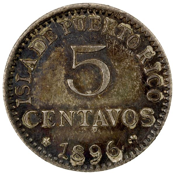 PUERTO RICO: Alfonso XIII, 1886-1931, AR 5 centavos, 1896, VF-EF