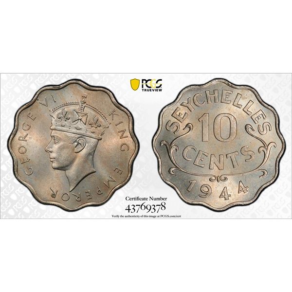 SEYCHELLES: George VI, 1936-1952, 10 cents, 1944, PCGS MS64