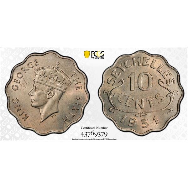 SEYCHELLES: George VI, 1936-1952, 10 cents, 1951, PCGS MS64