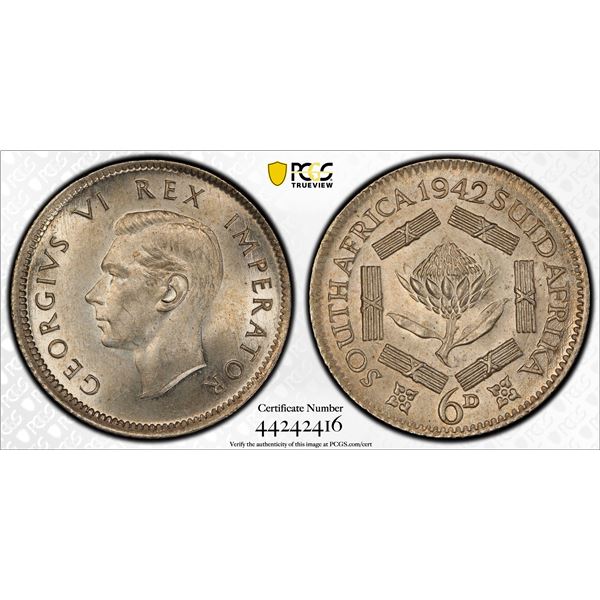 SOUTH AFRICA: George VI, 1936-1952, AR sixpence, 1942, PCGS MS64