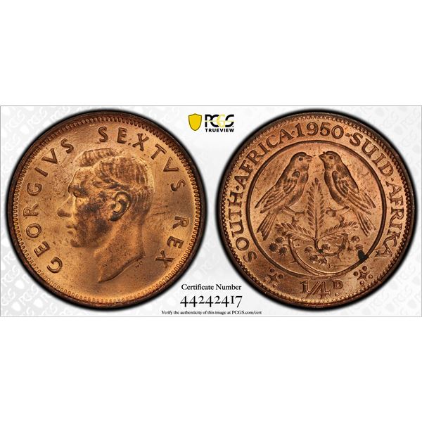 SOUTH AFRICA: George VI, 1936-1952, AE ¼ penny, 1950, PCGS MS64 RD