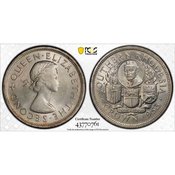 SOUTHERN RHODESIA: Elizabeth II, 1952-1964, AR crown, 1953, PCGS MS64 +