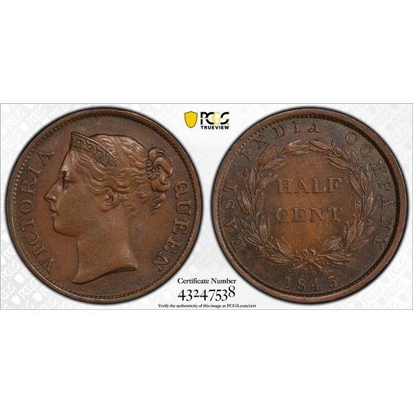 STRAITS SETTLEMENTS: Victoria, 1837-1867, AR ½ cent, 1845, PCGS AU58