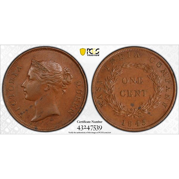 STRAITS SETTLEMENTS: Victoria, 1837-1867, AR cent, 1845, PCGS AU58