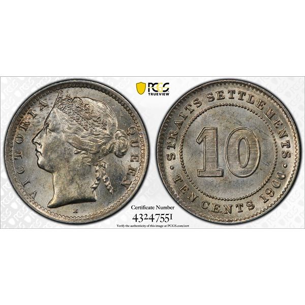 STRAITS SETTLEMENTS: Victoria, 1867-1901, AR 10 cents, 1900-H, PCGS AU58
