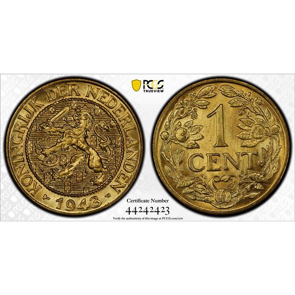 SURINAM: Wilhelmina, 1890-1948, brass cent, 1943-P, PCGS MS66