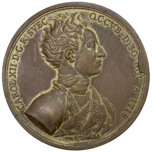 SWEDEN: Carl XII, 1697-1718, AE medal (70.25g), 1718, Choice VF