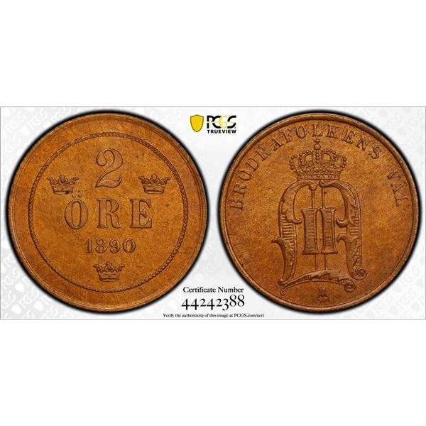 SWEDEN: Oscar II, 1872-1907, AE 2 ore, 1890, PCGS MS65 BN