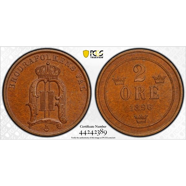 SWEDEN: Oscar II, 1872-1907, AE 2 ore, 1896, PCGS MS65 BN