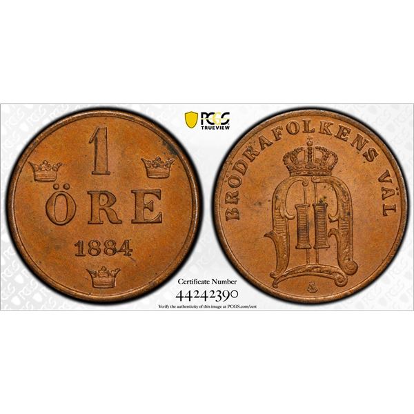 SWEDEN: Oscar II, 1872-1907, AE ore, 1884, PCGS MS64 BN