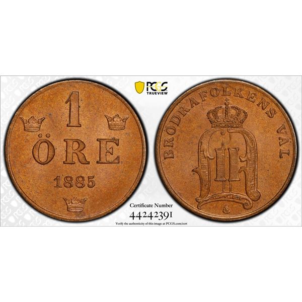 SWEDEN: Oscar II, 1872-1907, AE ore, 1885, PCGS MS65 BN