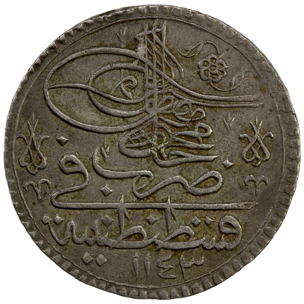 TURKEY: Mahmud I, 1730-1754, AR yirmilik (12.59g), Kostantiniye, AH1143, VF-EF