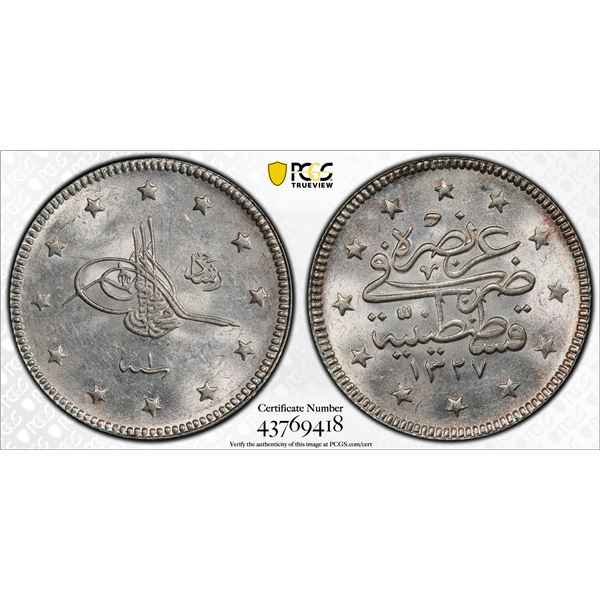 TURKEY: Mehmet V, 1909-1918, AR 2 kurush, Kostantiniye, AH1327 year 1, PCGS MS63