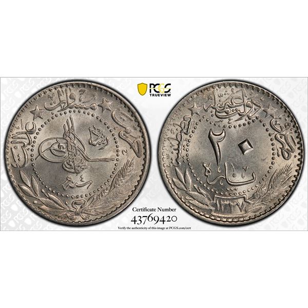 TURKEY: Mehmet V, 1909-1918, 20 para, Kostantiniye, AH1327 year 4, PCGS MS64
