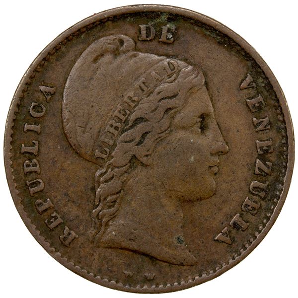 VENEZUELA: Republic, AE ¼ centavo, 1843, F-VF