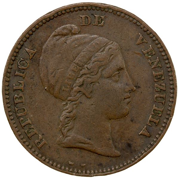 VENEZUELA: Republic, AE ½ centavo, 1843, VF