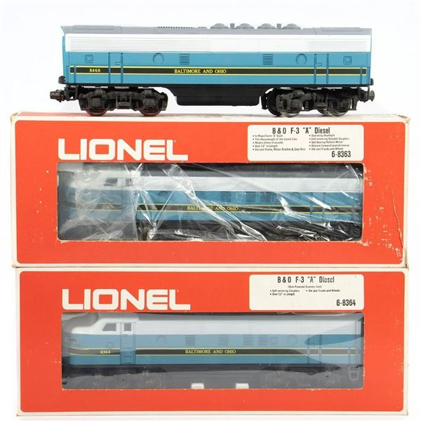 Lionel B&O F-3 A-B-A, 6-8363, 6-8364, 6-8468. A units in original boxes. B unit no box
