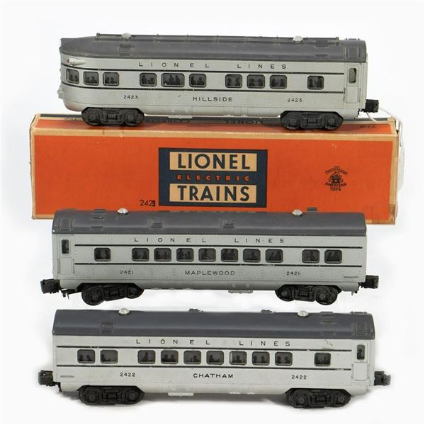 Lionel Postwar Passenger Cars: 2421, 2422, 2423 - Silver with gray roof. 2421 has box with number ov