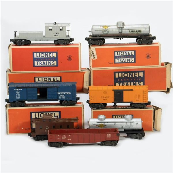 Lionel Postwar 10 Freight Cars: 6468, 6420, 6419, 6462, 6555, 3464, 6457, 6465, 6462, 6462