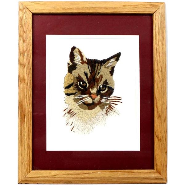 Framed Crewel Embroidery Cat Picture