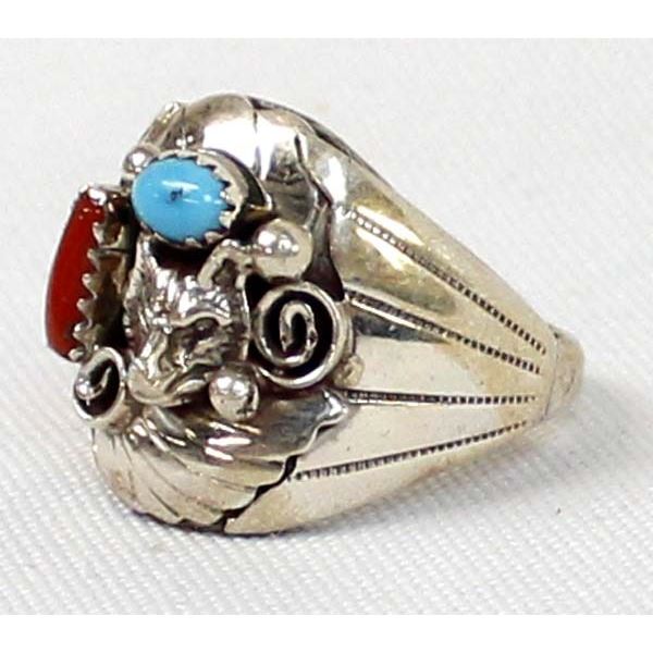 Navajo Sterling Turquoise Coral Ring, Size 10.75
