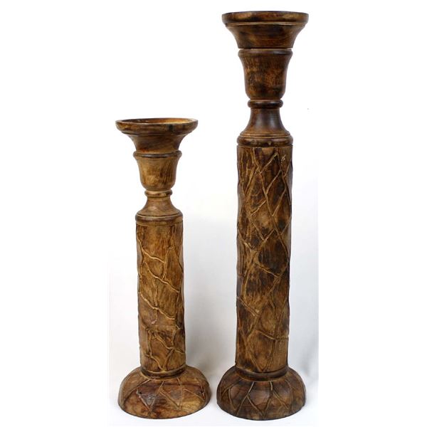 2 Large Hand Carved Wood Candleholders