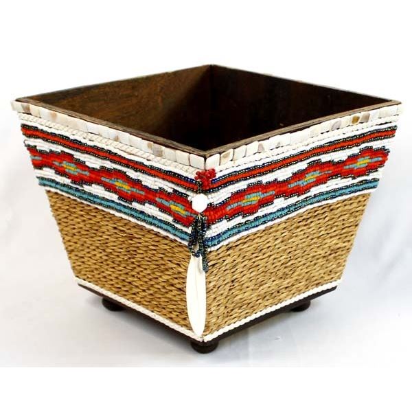 Hand Beaded Wicker & Wood Basket by Kills Thunder